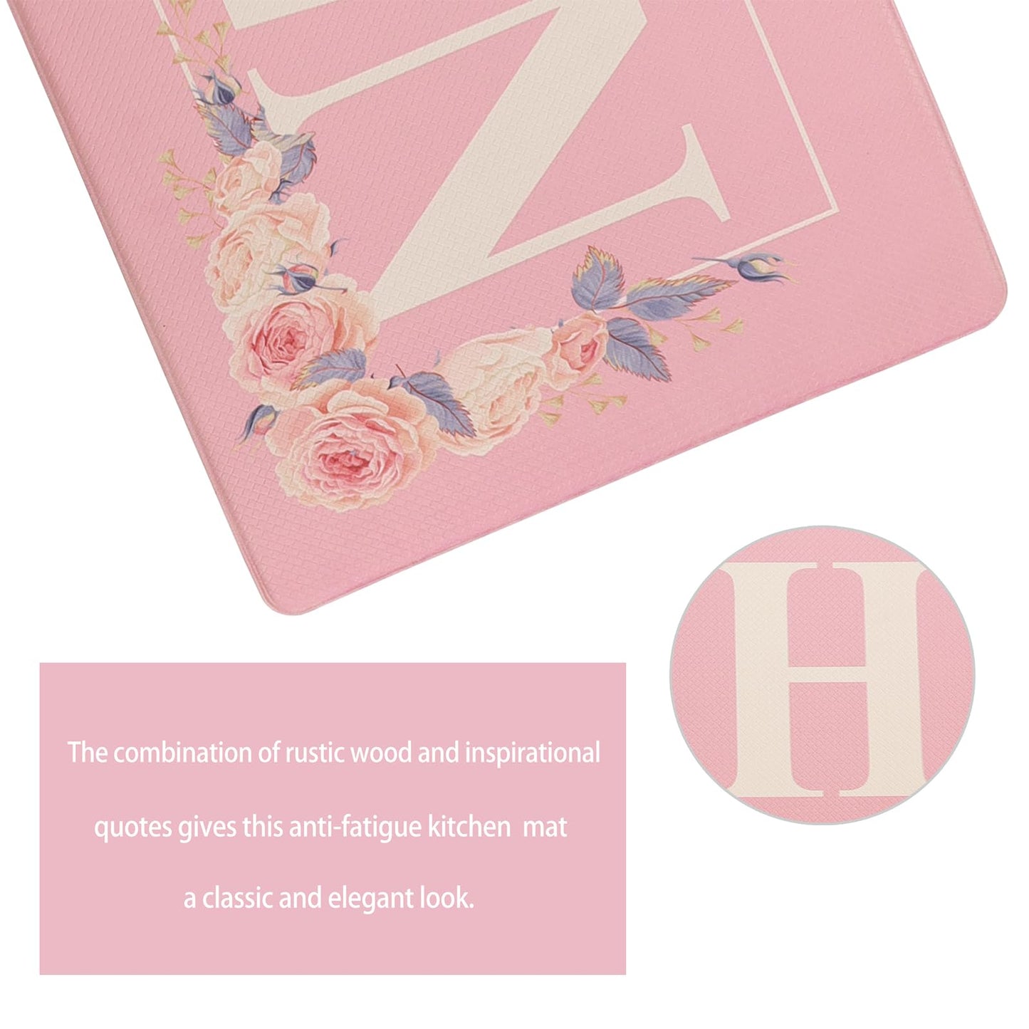 PCSWEET HOME Floral Kitchen Mat Sets 2PCS Non Skid Waterproof Kitchen Rugs and Runner Sets Cushioned Anti-Fatigue Comfort Mat for Home,Office Memory Foam Kitchen Rug, 17.3"x30"+17.3"x47", Pink