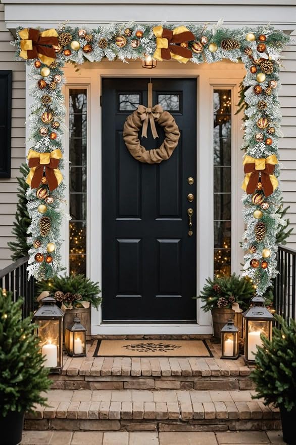 Christmas Garland for Front Door, 6 Foot Artificial Unlit Winter Garland with Pine Cones, Berry Clusters, Bronze Ball Ornaments and Ribbons for Thanksgiving Holiday Christmas Decoration