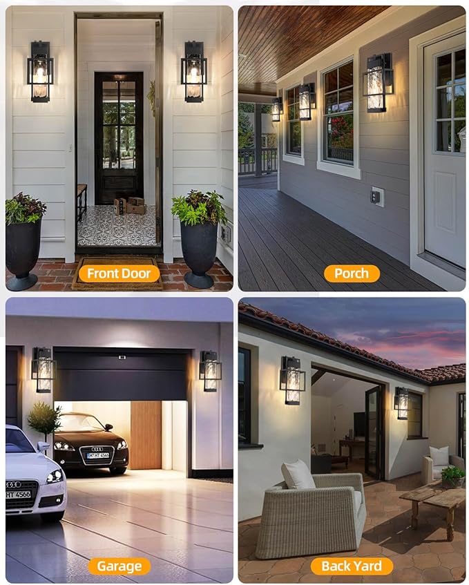 Outdoor Wall Lights Dusk to Dawn Outdoor Lighting 2 Pack, 15" H Black Exterior Lighting Fixtures Waterproof Sconce Porch Lights with LED Bulbs, Large Outside Lights for House with Water Glass
