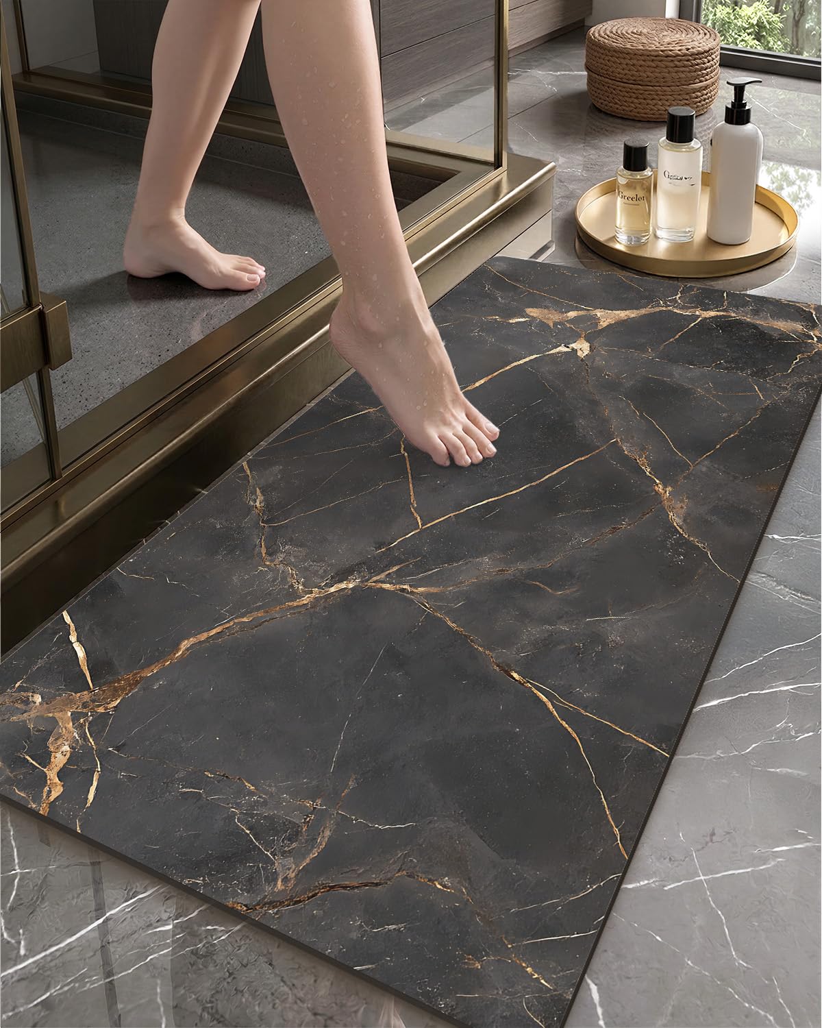 Color&Geometry Ultra Thin Bathroom Rugs Non Slip,Absorbent Quick Dry Bath Mats for Bathroom,Thin Bath Rugs Washable with Rubber Backing Fit Under Door Outside Shower,Gold-Veined Marble,24"x36"