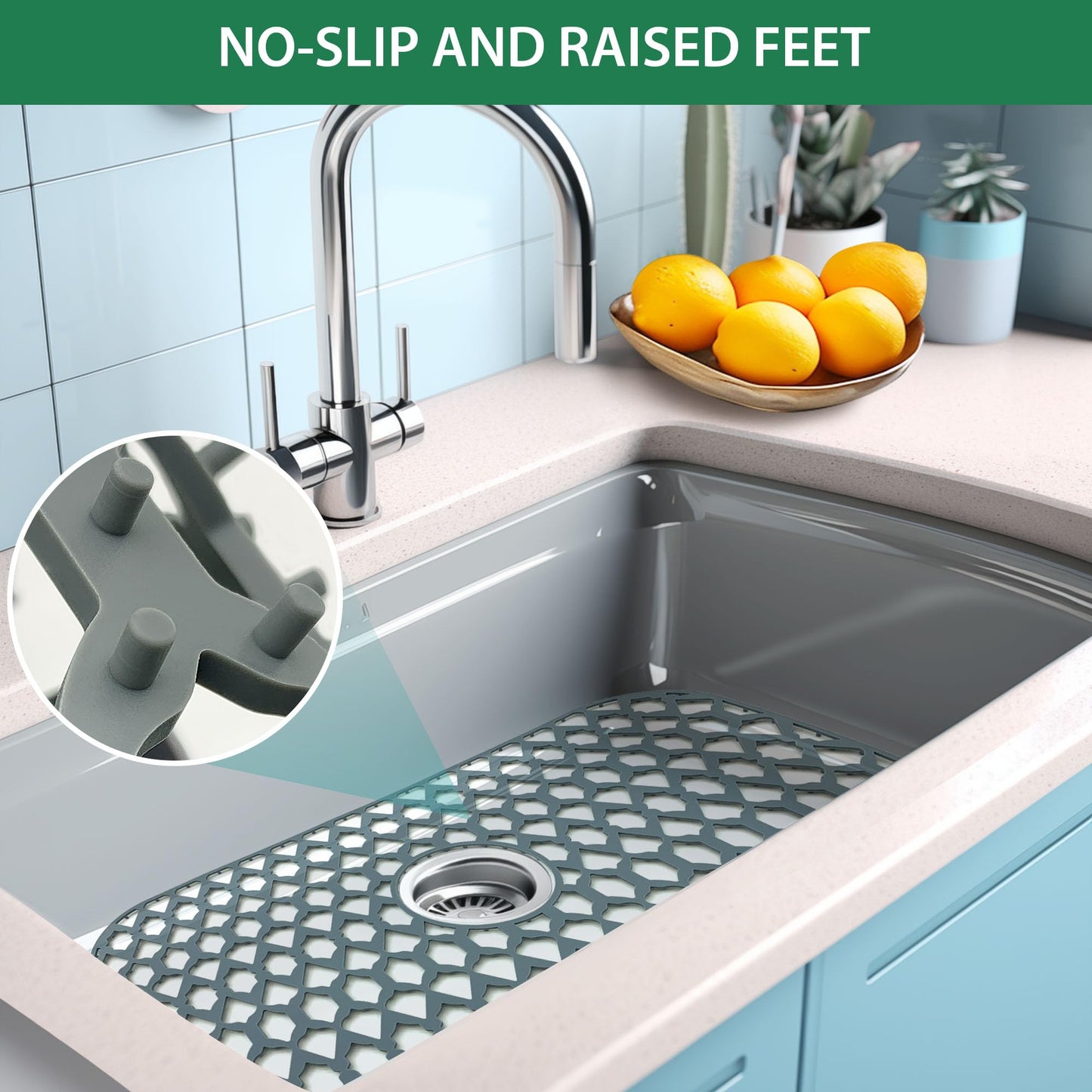 Sink Protectors for Kitchen Sink 13x11 &16x12 & 18x16 & 19x14 & 21x16 & 22x13 & 24x13 & 25x16 & 26x14 & 28x14 & 30x16, Silicone Sink Mat Grid (26"x14", Center Drain)