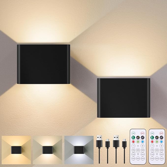 Motion Sensor Wall Sconces with Remote Control, 6000mAh Black Wireless Touch Control Rechargeable Wall Lamps with 3 Color Temperatures, LED Up Down Battery Operated Wall Lights Indoor, 2-Pack