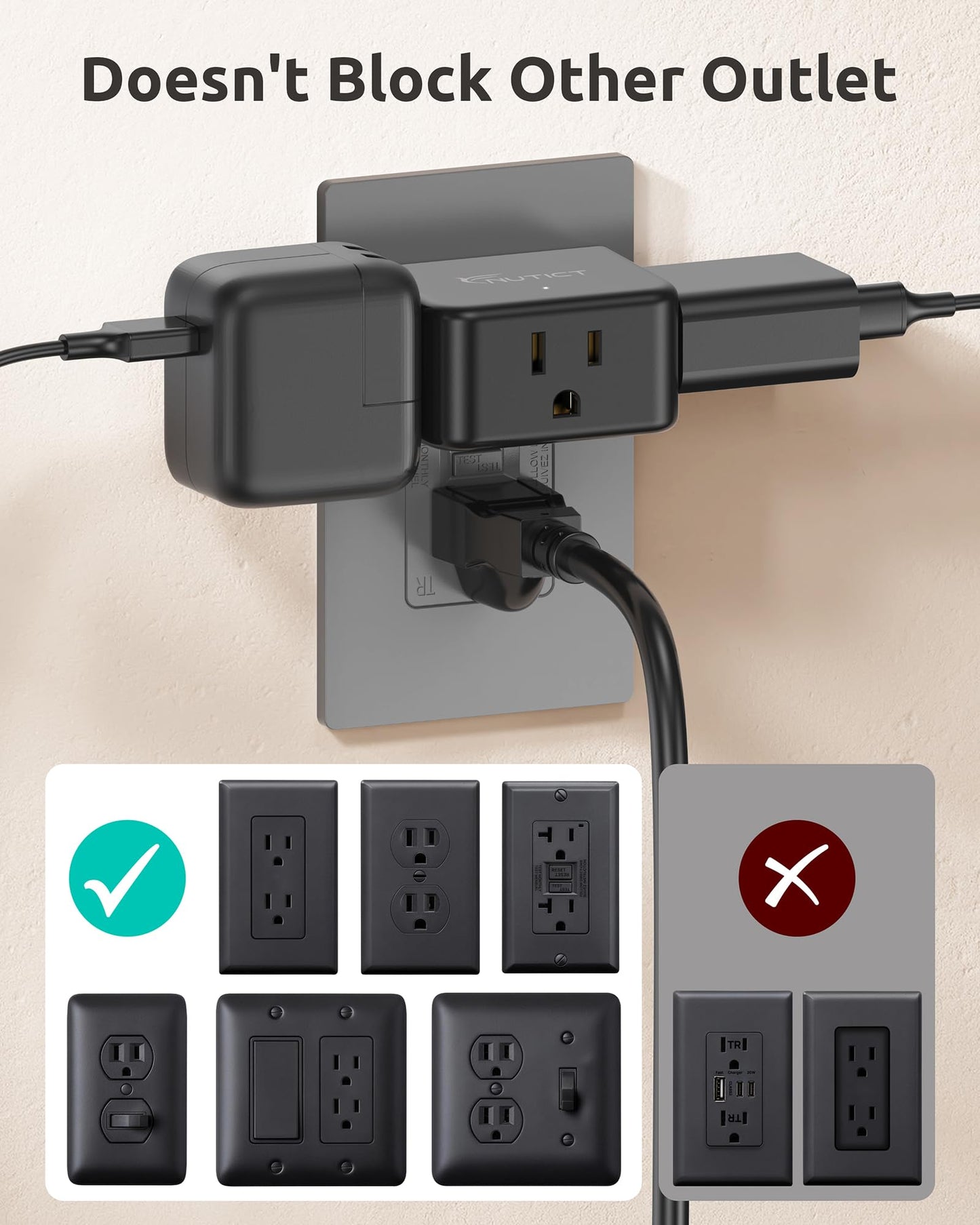 NUTICT Multi Plug Outlet Extender, Small Wall Plug Extender Adapter, Black