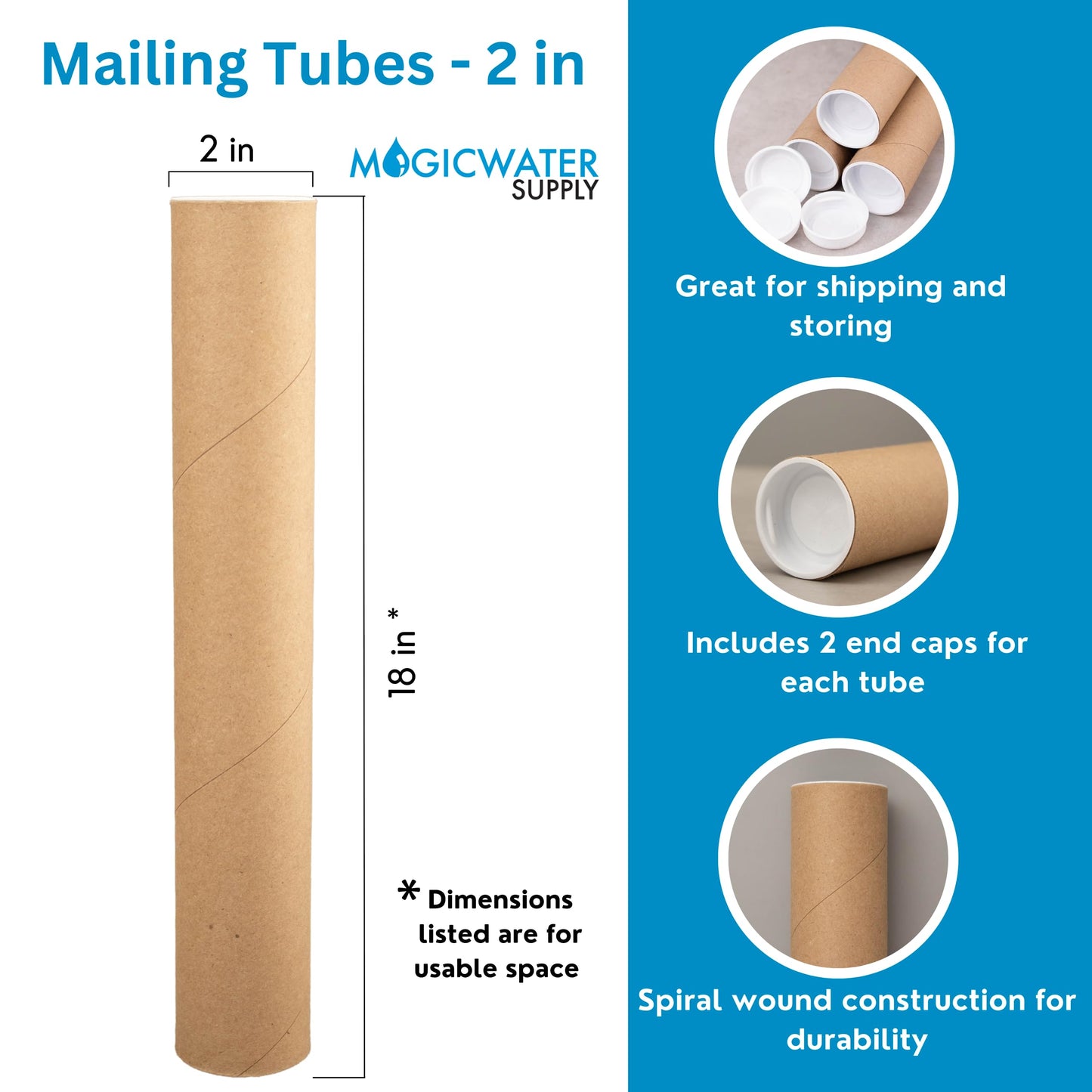 MagicWater Supply Heavy Duty Mailing Tubes - Durable Cardboard for Shipping, Storing & Protecting Posters Artwork Documents and Blueprints with Secure End Caps - 12 Pack 2 in x 18 in Kraft - US Made.