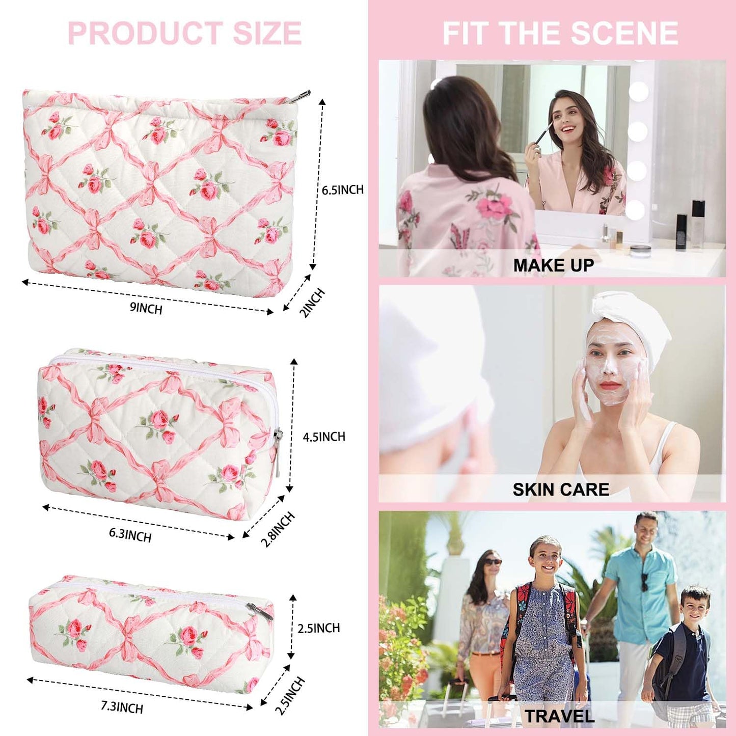 EIMMBD Makeup Bags 3 Pieces Large Capacity Floral Cosmetic Bag Travel Toiletry Bag Organizer Cute Makeup Bag Pouch Storage Bag for Women(Pink Floral)