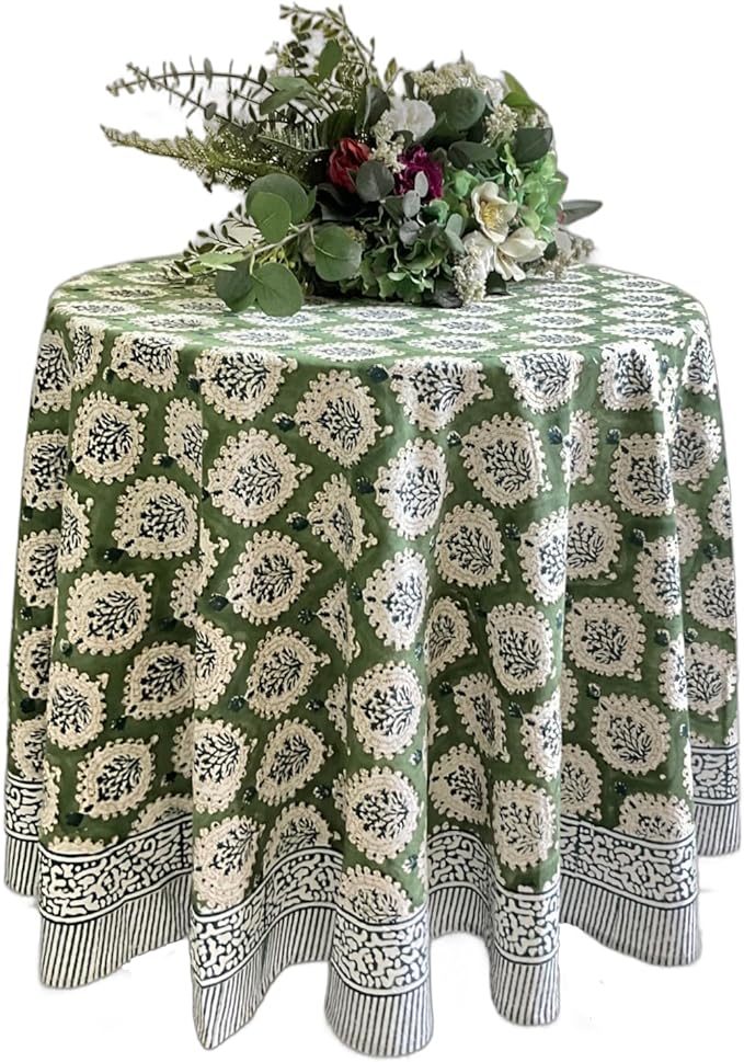ATOSII Kari Green 100% Cotton Round Boho Spring Summer Tablecloth, Block Print Floral Table Cloth Linen for Dining, Parties, Weddings, OutdoorsI Home Table Decor 72" Inches Round