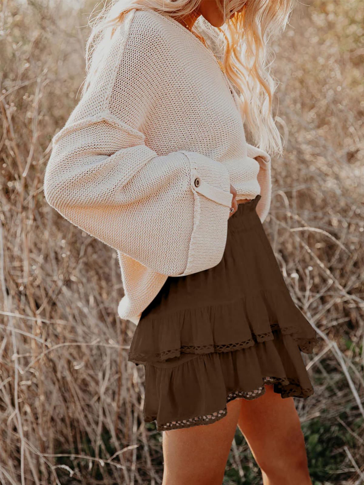 Aoudery Flowy Shorts for Women Casual Boho Ruffle Tiered Skorts High Waist Mini Skirts Golf Tennis Butterfly Crochet Shorts - Chocolate Brown XL