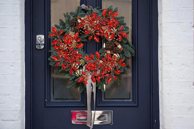 DILATATA 6Pcs Christmas Glitter Leaves Holly Leaves 23" Artificial Red Holly Leaf Picks Sprays Giltter Stems for Christmas Tree DIY Xmas Wreath Garland Home Decor - Red