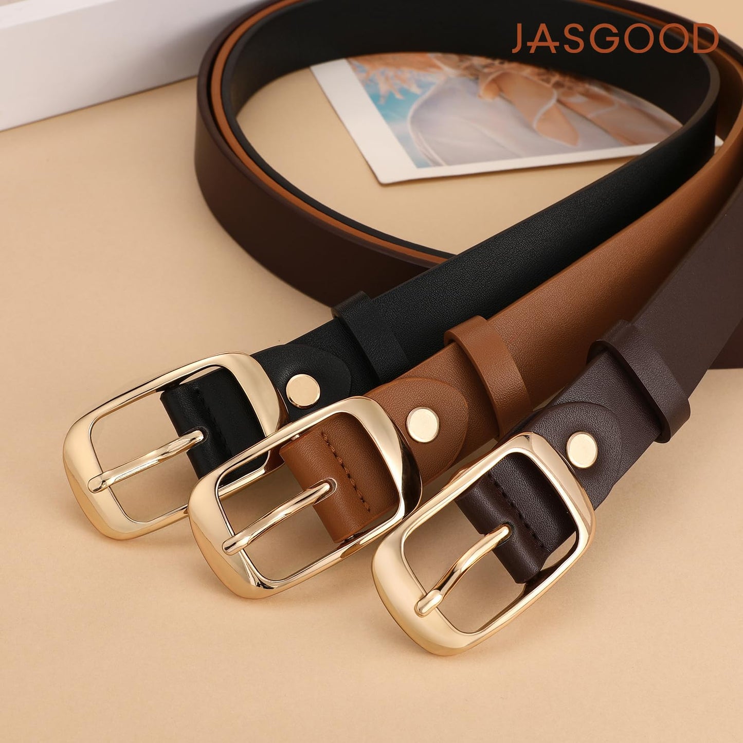 JASGOOD 3 Pack Women Belts for Jeans Pants Fashion Leather Waist Belt for Women with Gold Buckle,Black+Brown+Coffee