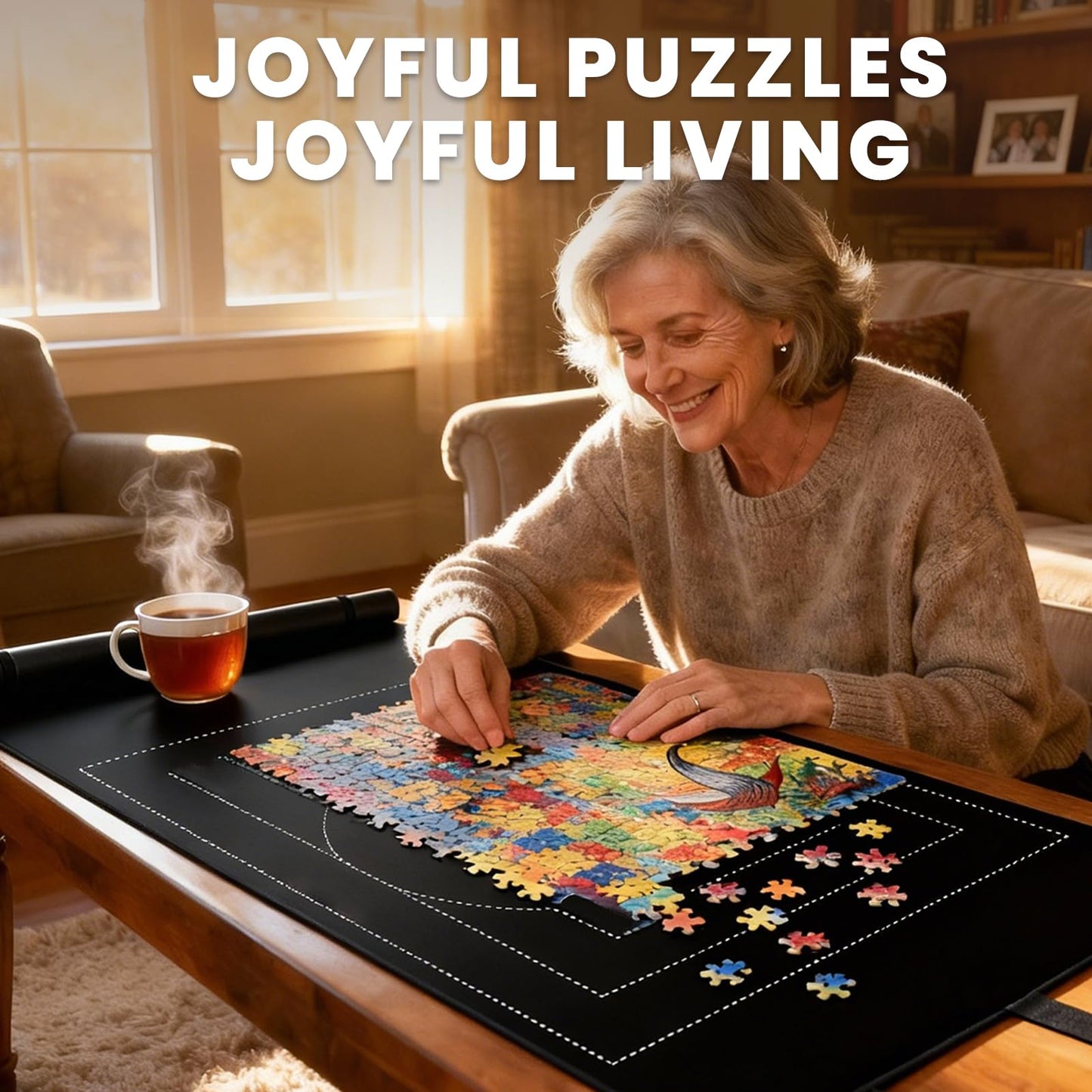 Puzzle Roll Up Mat, All-in-One Jigsaw Puzzle Mat with 6 Sorting Trays – 39.4” x 23.6” Non-Slip Rubber Back & Smooth Surface, Portable Puzzle Mat for 1000 Pieces, Puzzle Accessories Gift for Adults
