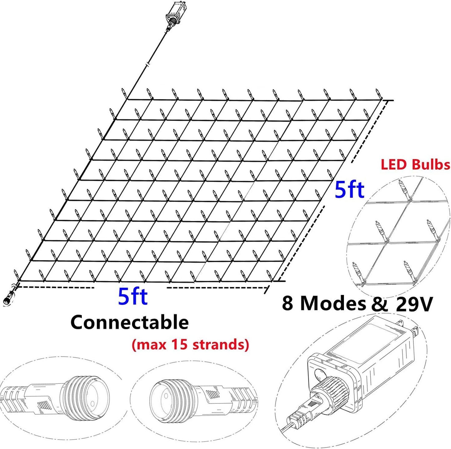 Efunly LED Christmas Net Lights for Bushes Outdoor,100 LED 5ftx5ft Waterproof 8 Modes Connectable Mesh Lights for Bushes,Garden,Yard,Trunk,Outdoor Christmas Decorations