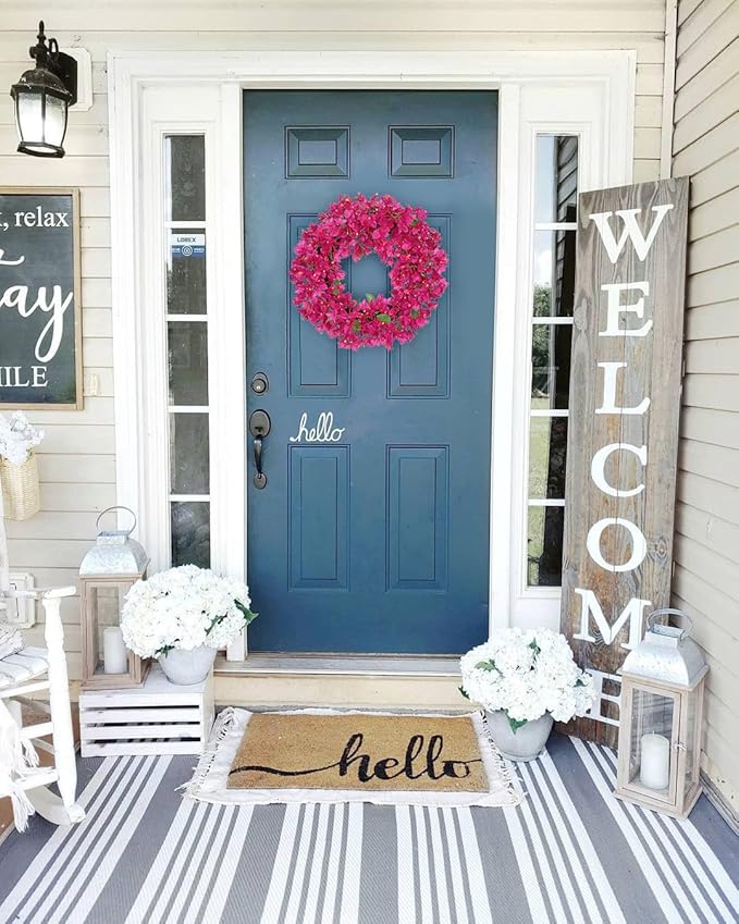 Briful Spring Front Door Wreath 18inches Artificial Bougainvillea Flower Wreath Silk Pink Floral Hanging Wreath Outdoor Summer Wreath for Home Wall Mantle Party Wedding Décor
