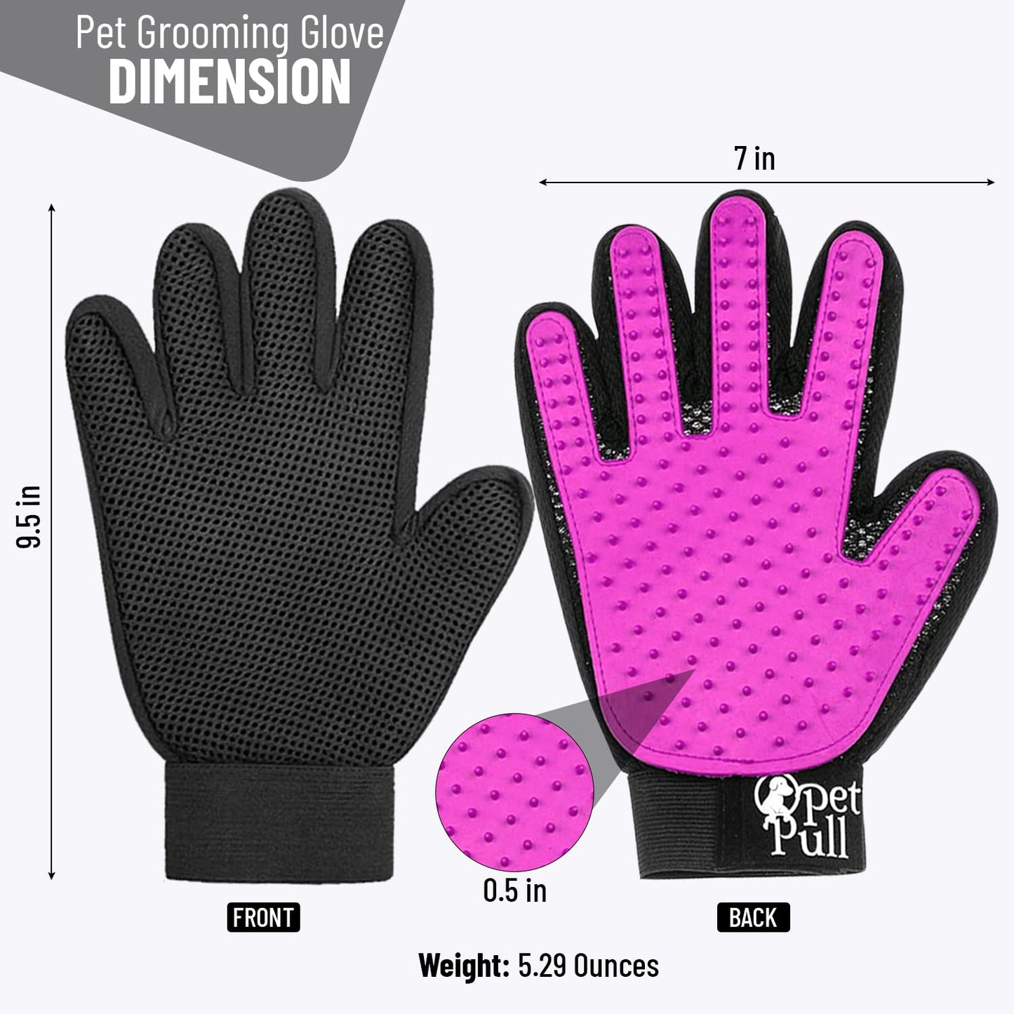 PET PULL Pet Grooming Gloves with 259 Silicone Tips - Pet Hair Removal Tool Gentle Shedding Dog Washing Gloves - Deshedding Brush Hair Remover Mitts for Dogs & Cats for Long and Short Hair (Pink)