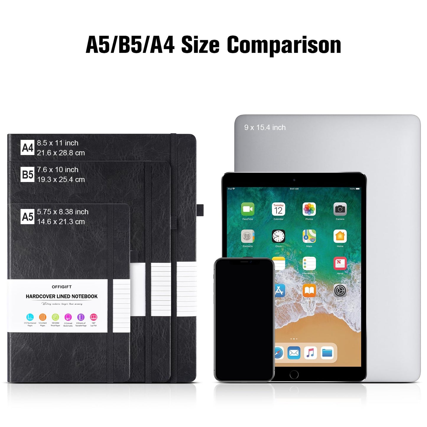 College Ruled Notebook, Large B5 Lined Journal Notebook, 314 Numbered Pages Work Notebook with Index Stickers, 100gsm Thick Paper, Hardcover Vegan Leather Journal for Women Men School Office, Black