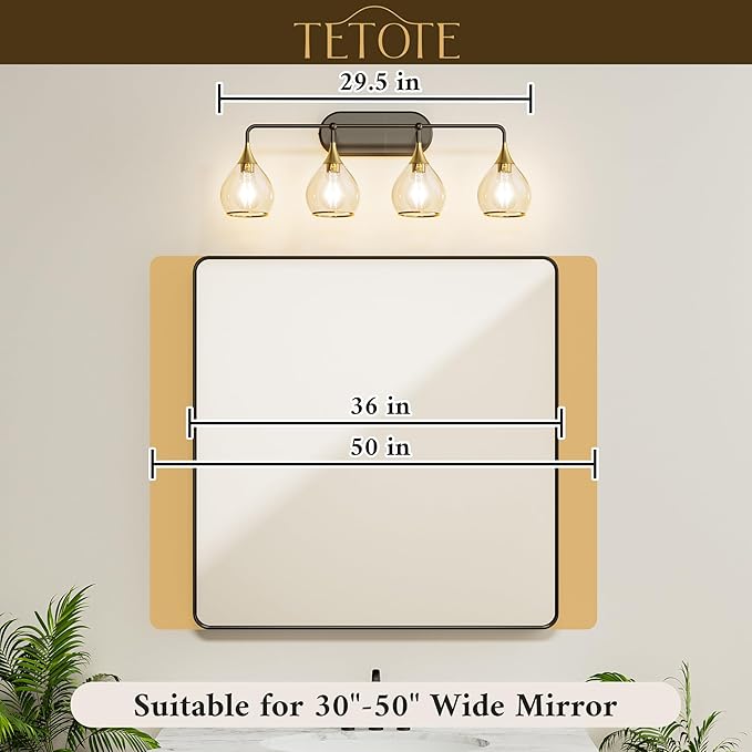 TETOTE 4-Light Modern Bathroom Light Fixtures, 4 Light Vanity Lights Over Mirror Black & Gold Wall Lamp with Clear Glass for Bathroom, Mirror, Living Room, Bedroom, Hallway