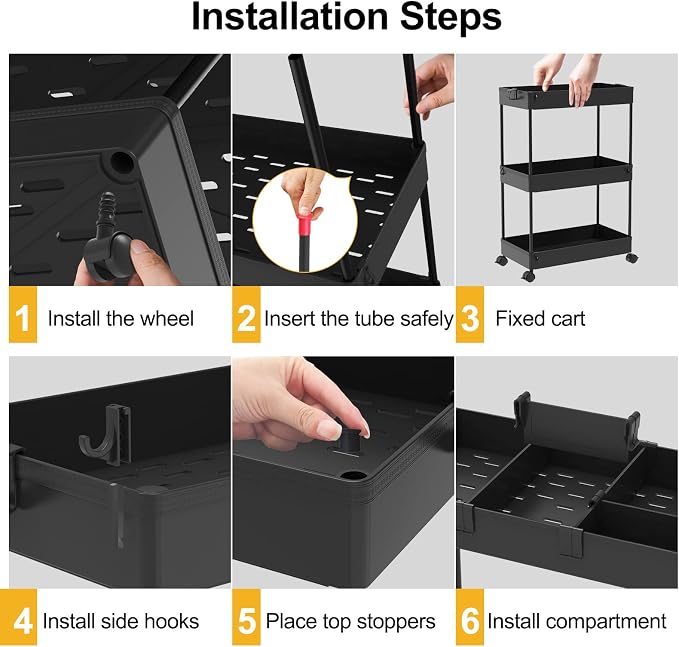 SPACELEAD 3 Tier Rolling Cart with Wheels, Storage Craft Art Trolley Organizer Serving, 3 Hanging Baskets Easy Assembly, for Office, Bathroom,Living Room, Kitchen, Black