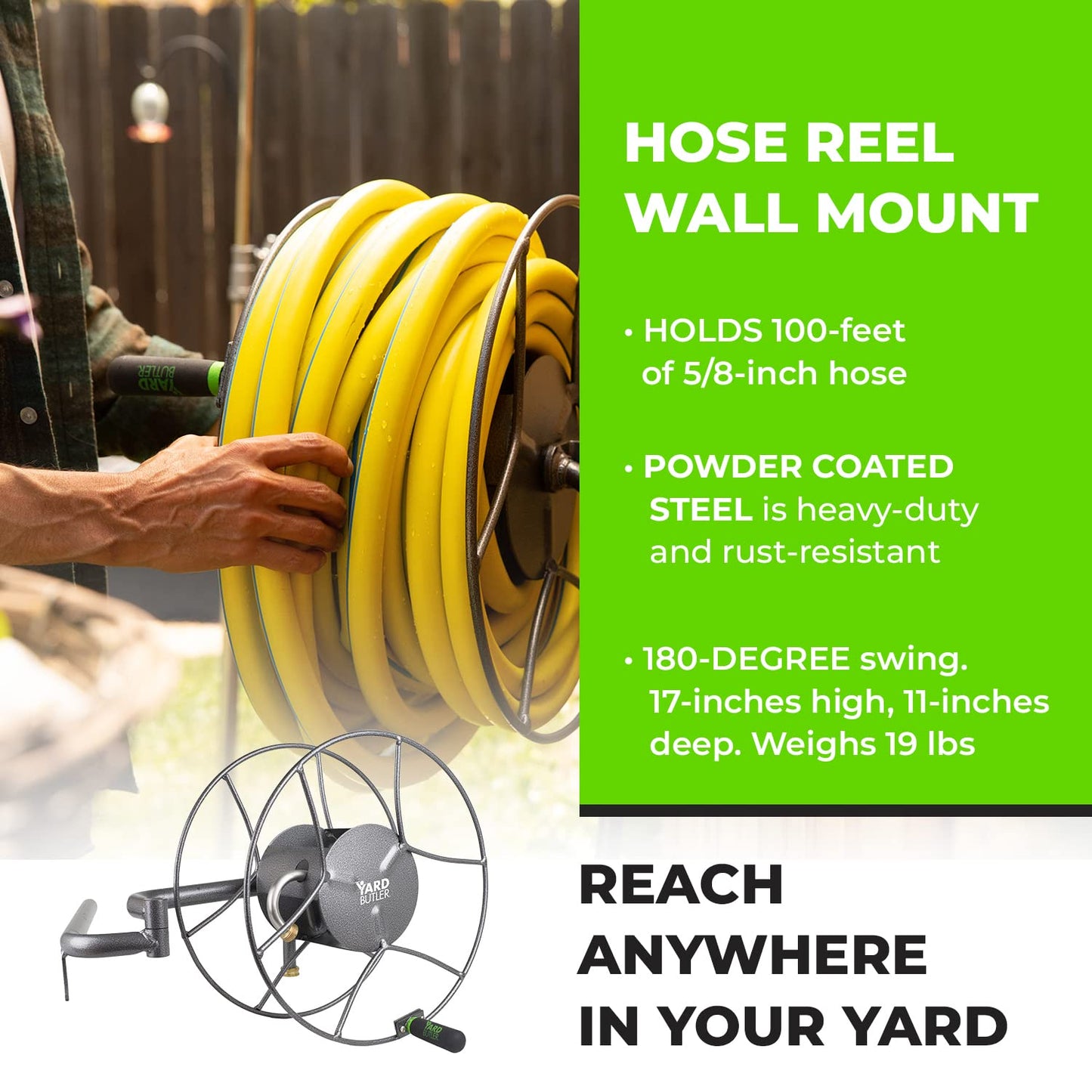Yard Butler Swivel Hose Reel Wall Mount - 180 Degree Pivot Hose Hanger - Great for Garden Storage - Hose Holder Wall Mount for Garden Hose - Heavy Duty Steel Hose Hanger for Hose Reels - ISRWM-180