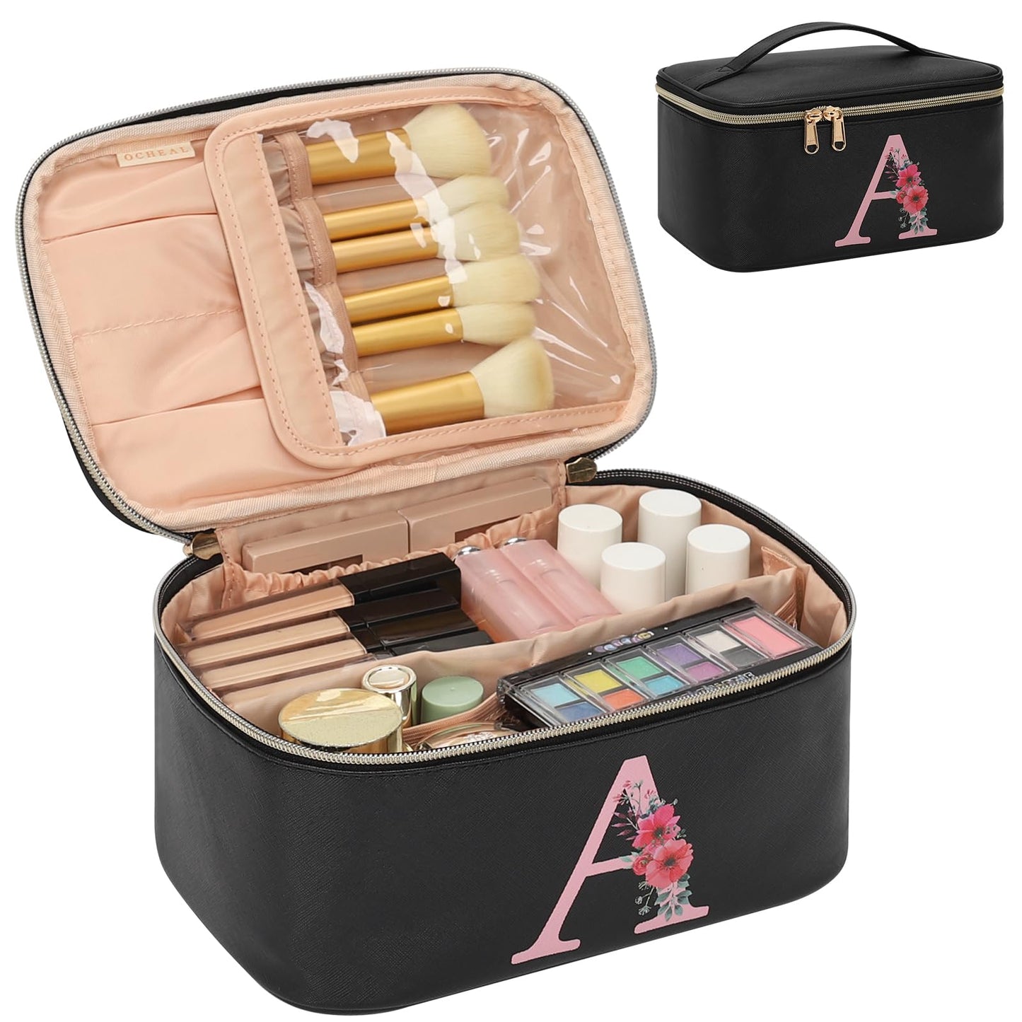 OCHEAL Initial Makeup Bag,Monogram Make up Bag Black Travel Makeup Organizer Case Beauty Toiletry Cosmetic Bag with Brush Holder, Trendy Stuff Personalized Gifts for Women and Girls-A