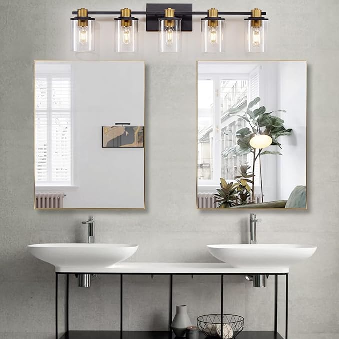 5 Light Bathroom Vanity Light, Black and Gold Bathroom Light Fixtures, Sconces Wall Lighting with Clear Glass Shade, Modern Brushed Gold Vanity Lighting fixtures for Bathroom, Bedroom, Hallway