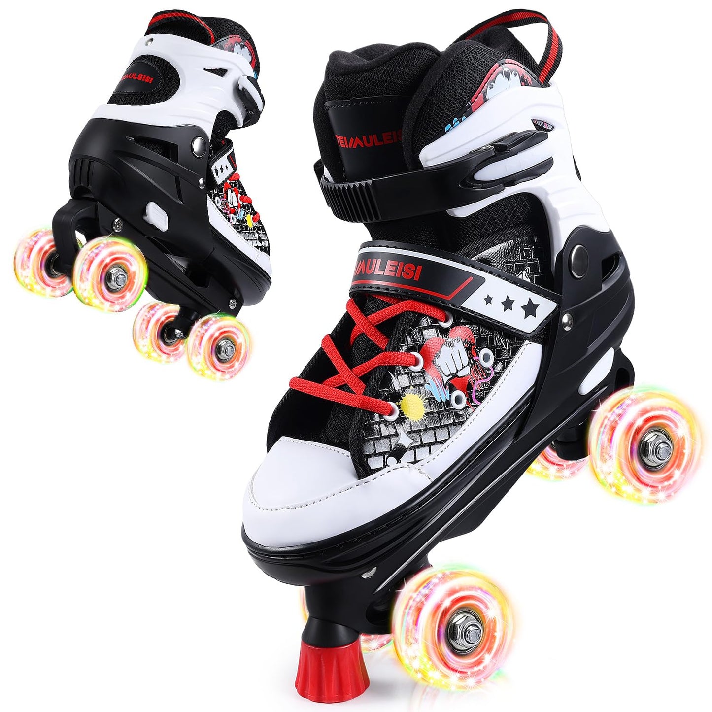 Kids Roller Skates, 4 Size Adjustable Quad Skates with All Light Up Wheels, 10C to 8 Rollerskates for Toddlers, Beginners, Boys, Girls, Outdoor, Indoor, Black, Large