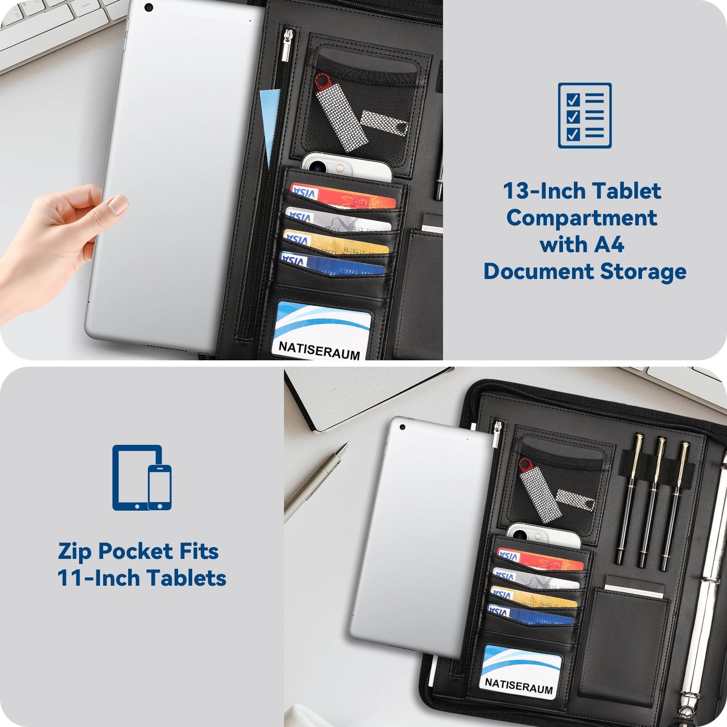 NATISERAUM Portfolio Binder 3 Ring Includes Pen and 5 Dividers with 10 Pockets, Padfolio Organizer with Zipper for Men and Women, Includes A4 Notepad for Business, School, Work