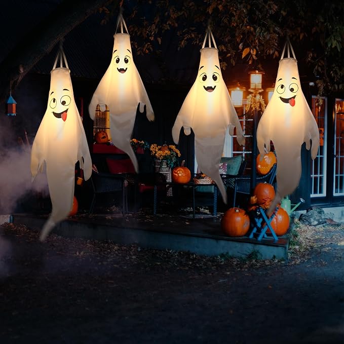 Halloween-Decorations-Outdoor Hanging-Ghost Windsocks for Trees with Timer, LED Ghosts to Hang in Tree Porch Yard, Waterproof, Timer,2 Pcs (No Batteries)