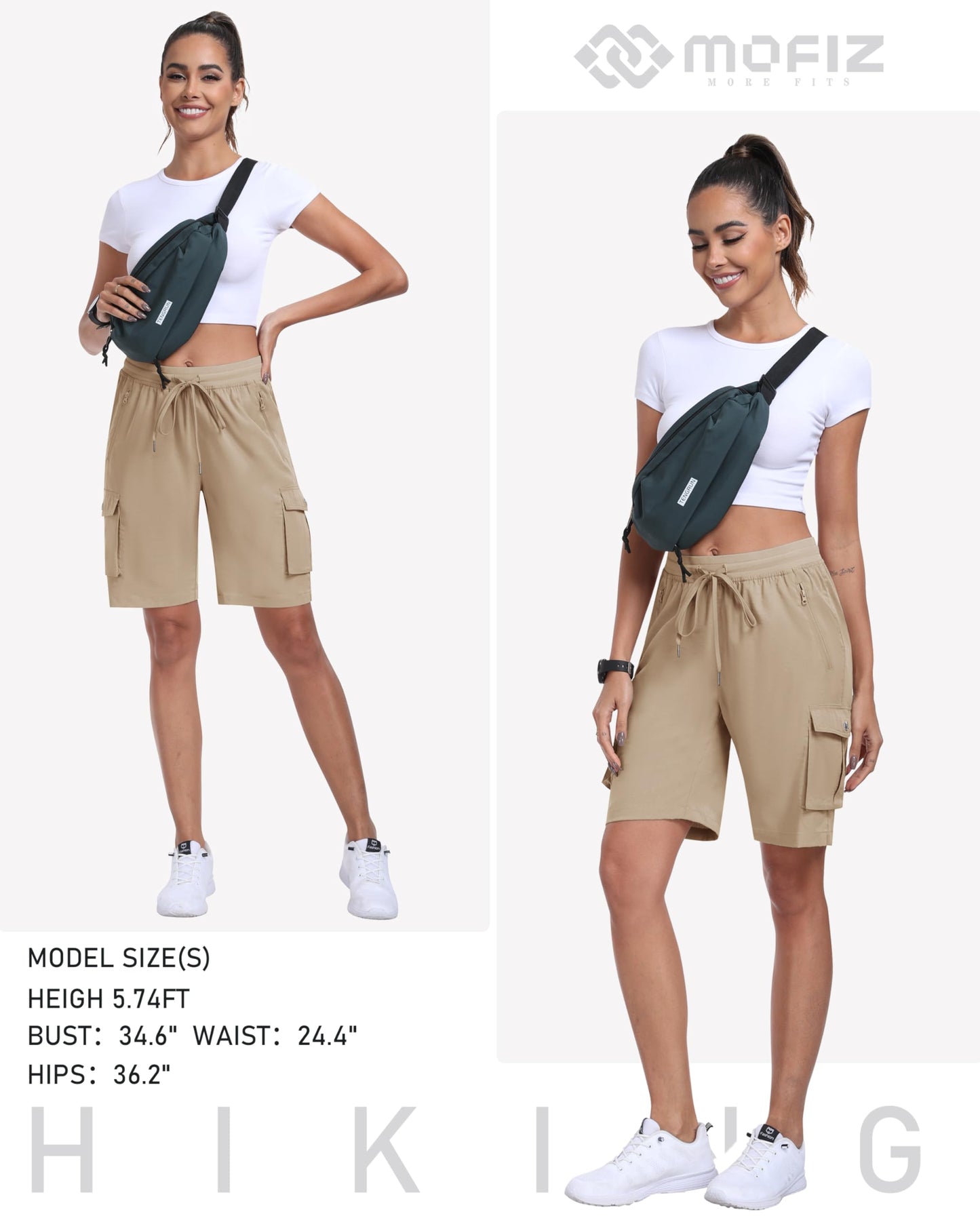 MoFiz Women's Hiking Cargo Shorts Quick Dry Lightweight Summer Shorts for Women Travel Athletic with Zipper Pockets Khaki L