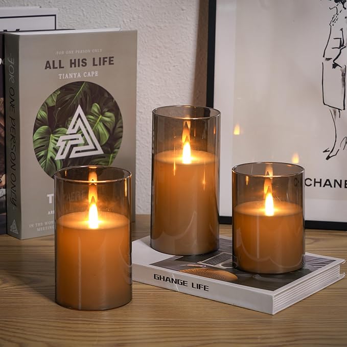 Upinmz Grey Acrylic Flameless Candles with Remote Control and Timers,Battery Operated Candles,LED Pillar Candles with Dancing Flame ,for Home Decorations ,Set of 3
