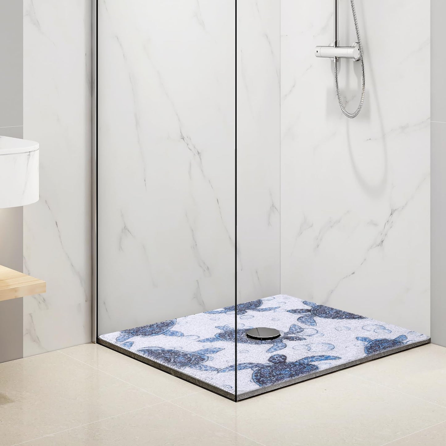 Hombys Non Slip Shower Mat - 24x24 in, Drain Hole, Secure, PVC Loofah, Boho Style