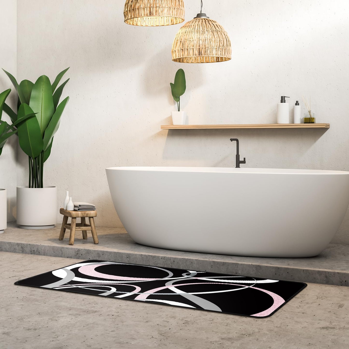 Maasechs 3 Pcs Pink Black Geometric Kitchen Rugs and Mats Set Anti Fatigue Floor Mat Non Slip Washable Modern Abstract Runner Rug Minimalist Kitchen Decor for Home Office Bathroom, 17"x30"+17"x47"