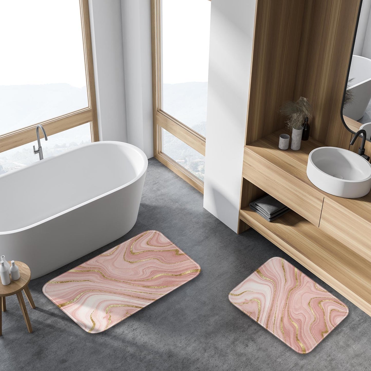 Britimes Marble Pink Bathroom Rug Set of 2, Washable Cover Floor Rug Carpets Floor Bath Mat Bathroom Decorations 16x24 and 20x32 Inches