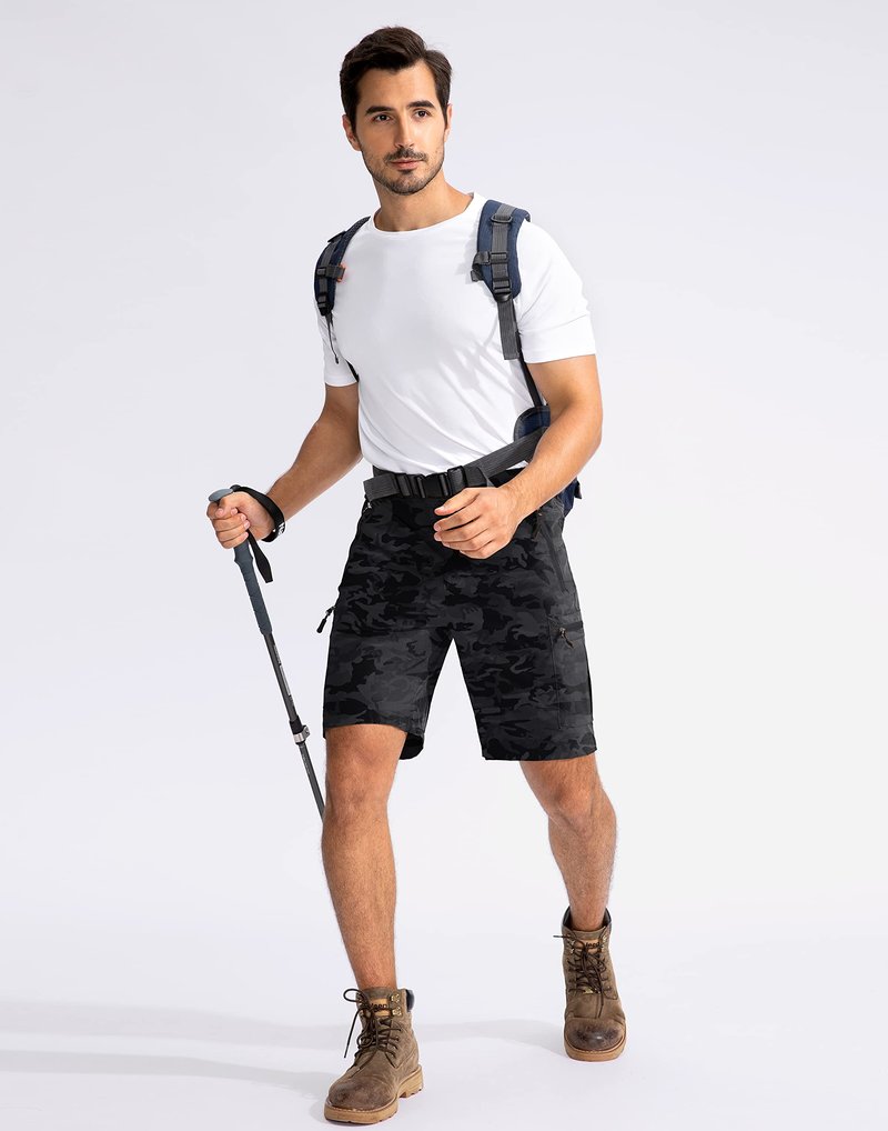 Pudolla Men's Hiking Cargo Shorts 9" Lightweight Outdoor Work Shorts for Men Travel Golf Camping Casual with 5 Zipper Pockets(Black Camo Small)