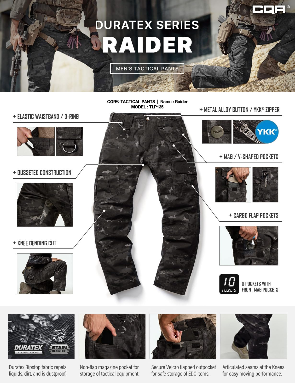 CQR Men's Tactical Pants, Water Resistant Ripstop Cargo Pants, Lightweight EDC Work Hiking Pants, Outdoor Apparel, Duratex Mag Pocket Print Utility Camo Black, 36W x 34L