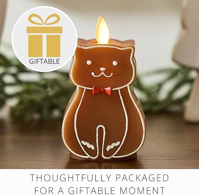 Luminara Flickering Flameless Candle 2.5" x 4.3", Battery Operated & Timer Function, Remote Ready (Sold Separately), Gingerbread Cat Moving Flame LED Light Figural Candle for Christmas Holiday Display
