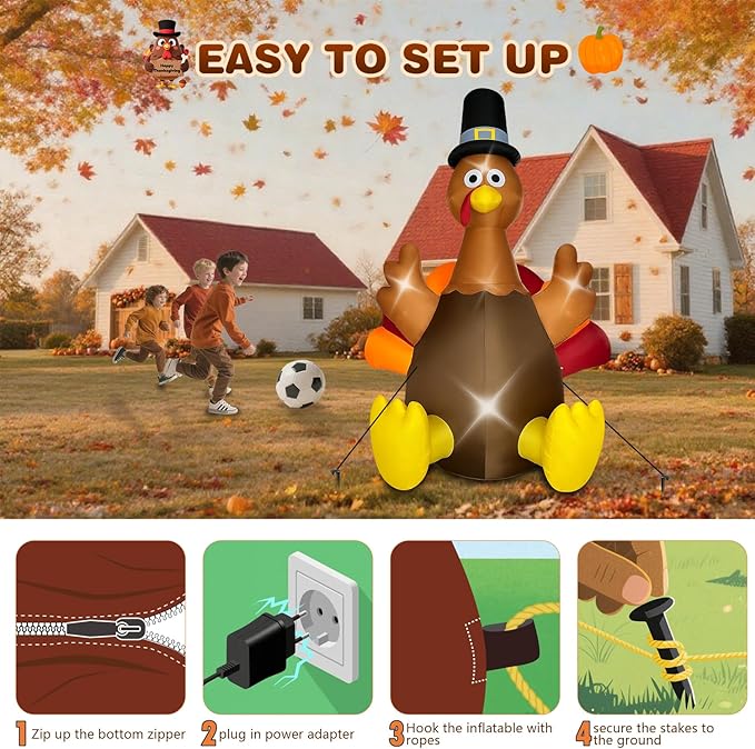 Thanksgiving Inflatables Turkey Outdoor Decorations 8FT Fall Inflatable Turkey with Built-in LED Lights Blow up Outdoor Lawn Yard Decoration