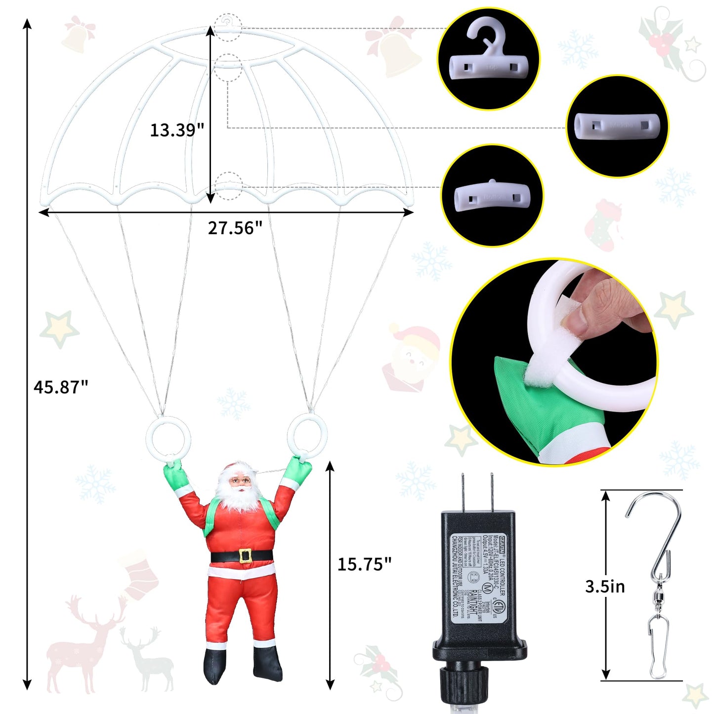 Toodour Christmas Decorations Lights Outdoor, 2.8FT Christmas Parachute Lights with Santa Claus, Waterproof 8 Modes Hanging Red & Green Xmas Light - Holiday Decorative Light for Indoor Eave Roof
