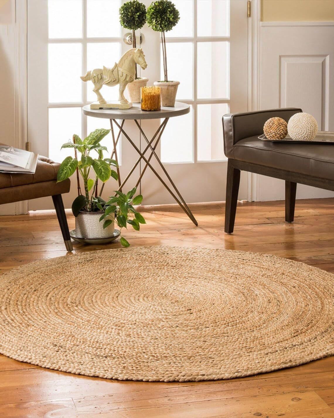 MDS Pack of 1 Handwoven Braided Jute Area Rug - 4 feet Round - Natural Reversible for Home Decor, Living Room Doormat Kitchen, Entryway Rug, Jute Burlap Braided Rag Rug, Rustic, Farmhouse (4' Round)