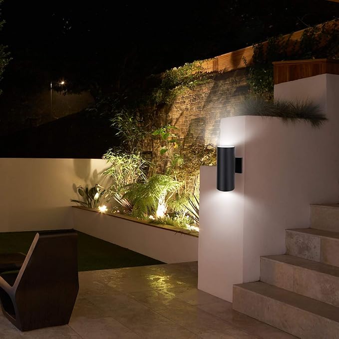 Outdoor Wall Light, Exterior Lighting with Dusk to Dawn Sensor - 2 Light Bulbs Included, Aluminum Waterproof Wall Mount Cylinder Design - Up Down Light Fixture for Porch, Backyard and Patio