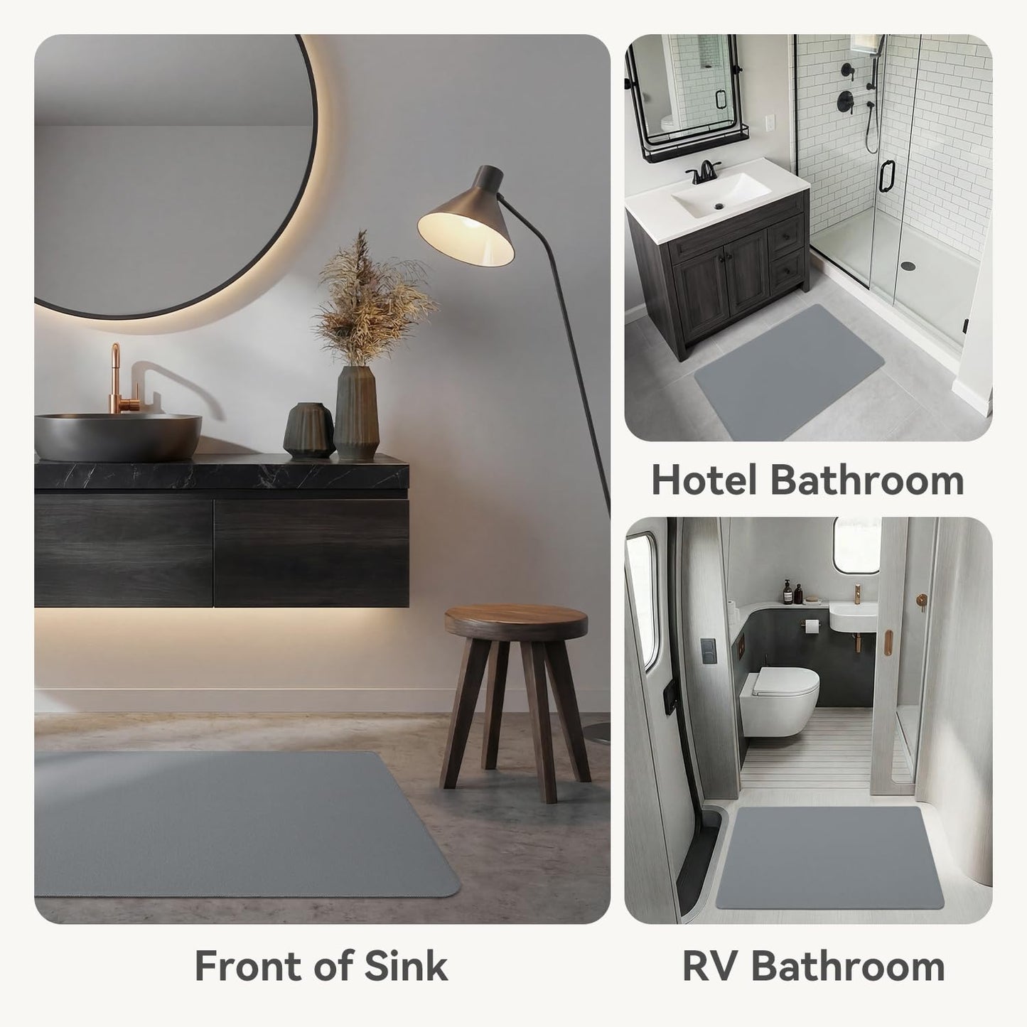 MontVoo Ultra Thin Bath Mat, Super Absorbent Bathroom Mat, Quick Drying Bath Rugs for Bathroom, Machine Washable Non-Slip Bathroom Rug Front of Bathtub, RV, Shower Room, Sink, (17x24, Grey, 1Pack)