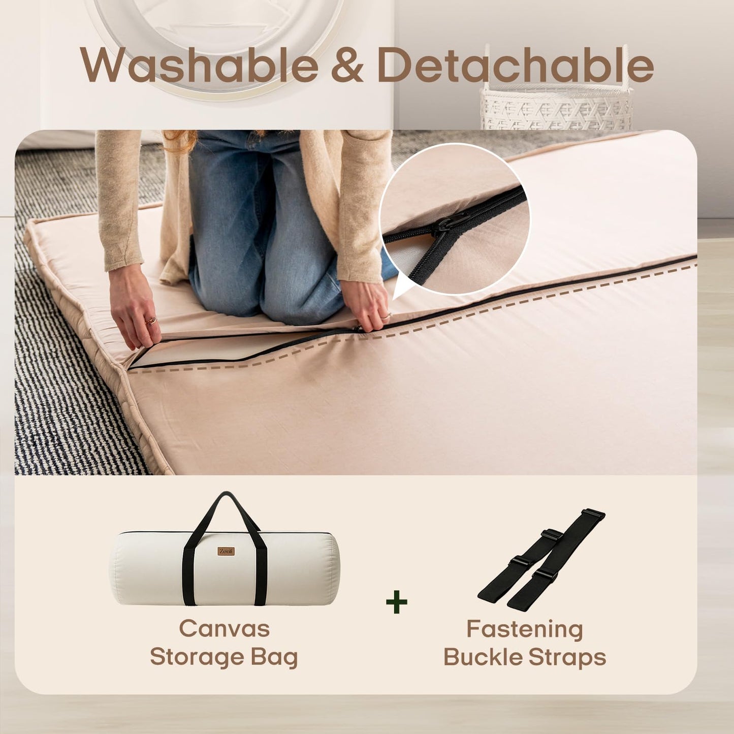 ZonLi Japanese Floor Mattress Futon Mattress Queen Size, Thicken Roll Up Tatami Mat w/ 100% Cotton Washable Cover, Portable & Foldable Floor Bed Mattress for Sleeping, Dormitory, Adult Kids, Coffee