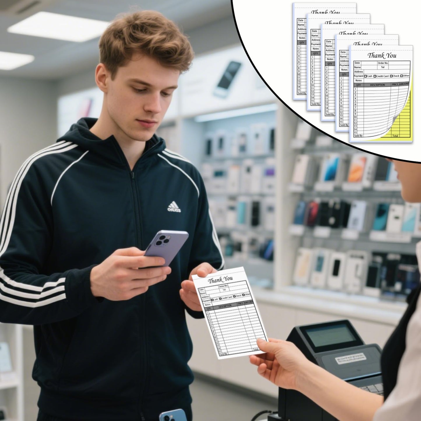 XUEJITECH 250 Sets Thank You Receipt Book with Carbonless Copies, 5.5 x 8.5 in Invoice Receipt Book for Small Business - White/Yellow
