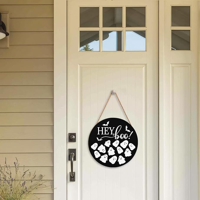 Hey Boo Sign 12x12 Inch Halloween Wreaths for Front Door Halloween Ghost Wood Door Hanger Black Boo Sign Farmhouse Holiday Decorations Wall Hanging Plaque for Trick or Treat Party Inside Outside