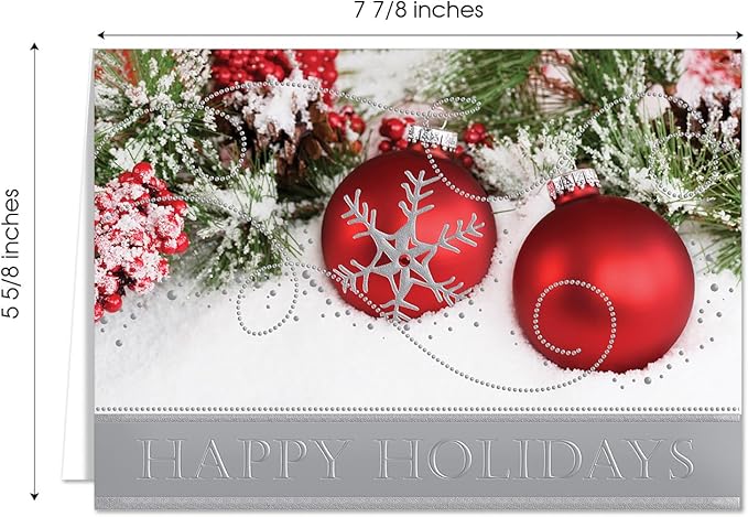 Masterpiece Holiday Ornament Sparkle Christmas Cards / 16 Boxed Holiday Card Set With Silver Foil Accents And Coordinating Envelopes / 5 5/8" x 7 7/8" Folded Winter Holidays Greeting Cards With Inside