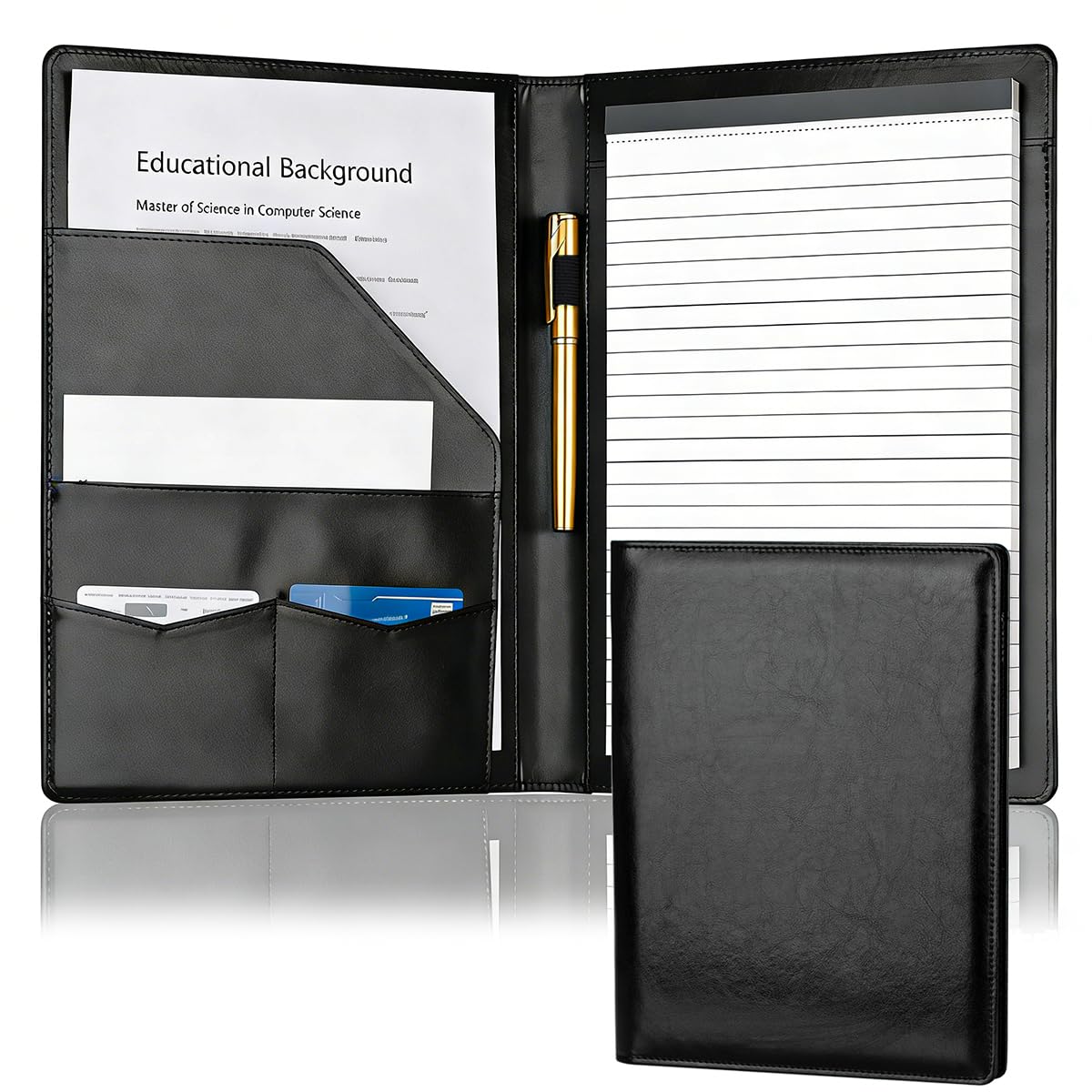Padfolio Portfolio Binder, Faux Leather Folder, Resume Interview Legal Document Organizer, Letter Sized Writing Pad w/Business Card Holder, A4 Professional Folio for Office Conference (Black)