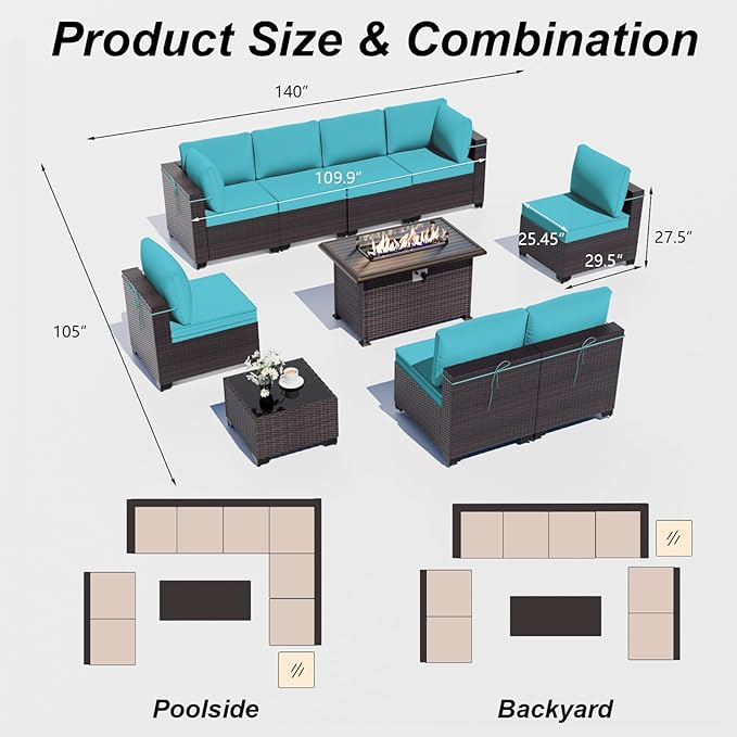 ALAULM 10 Pieces Outdoor Patio Furniture Set with Propane Fire Pit Table Outdoor Sectional Sofa Sets Patio Furniture 43" Gas Fire Pit Brown PE Rattan Patio Conversation Set w/8 Seat Cushions (Blue)