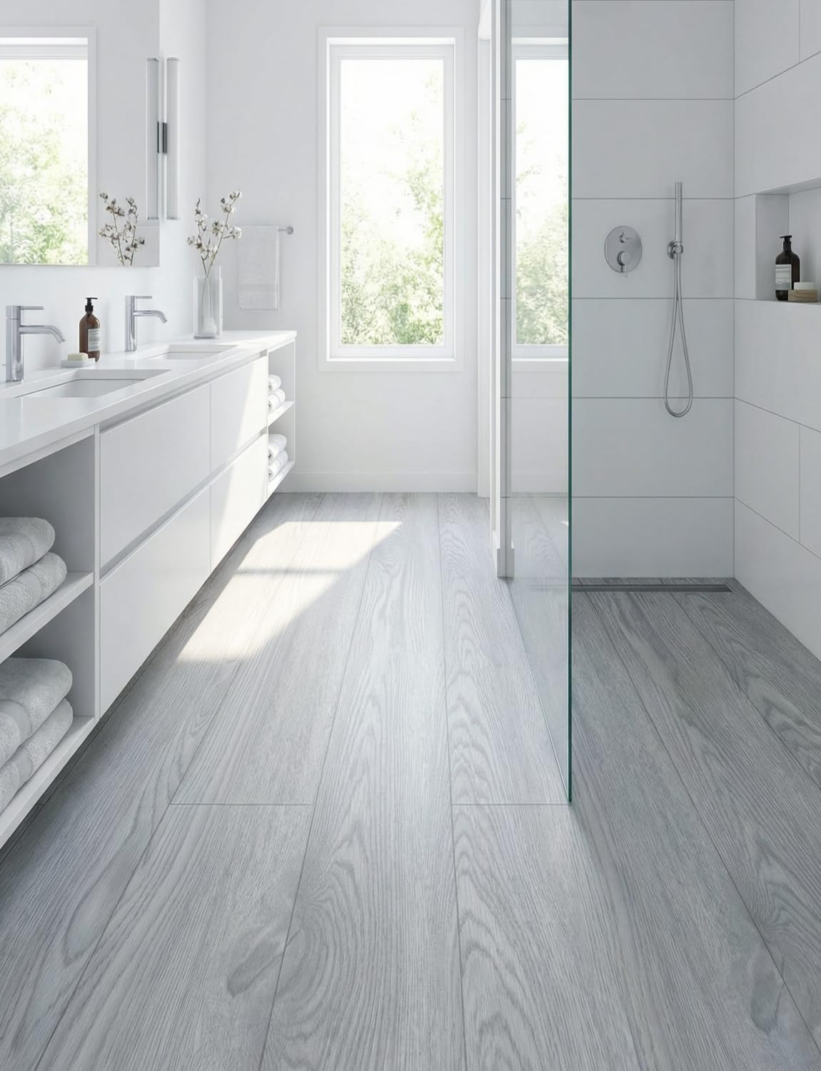 2 Rolls 23.6''x10FT Vinyl Flooring Roll 38.75 sq.ft: Peel and Stick Floor Tiles Self-Adhesive Durable Waterproof Wood Grain Large Plank for Living Room, Bedroom, Bathroom(Paleish Grey, 23.6''x10FT)