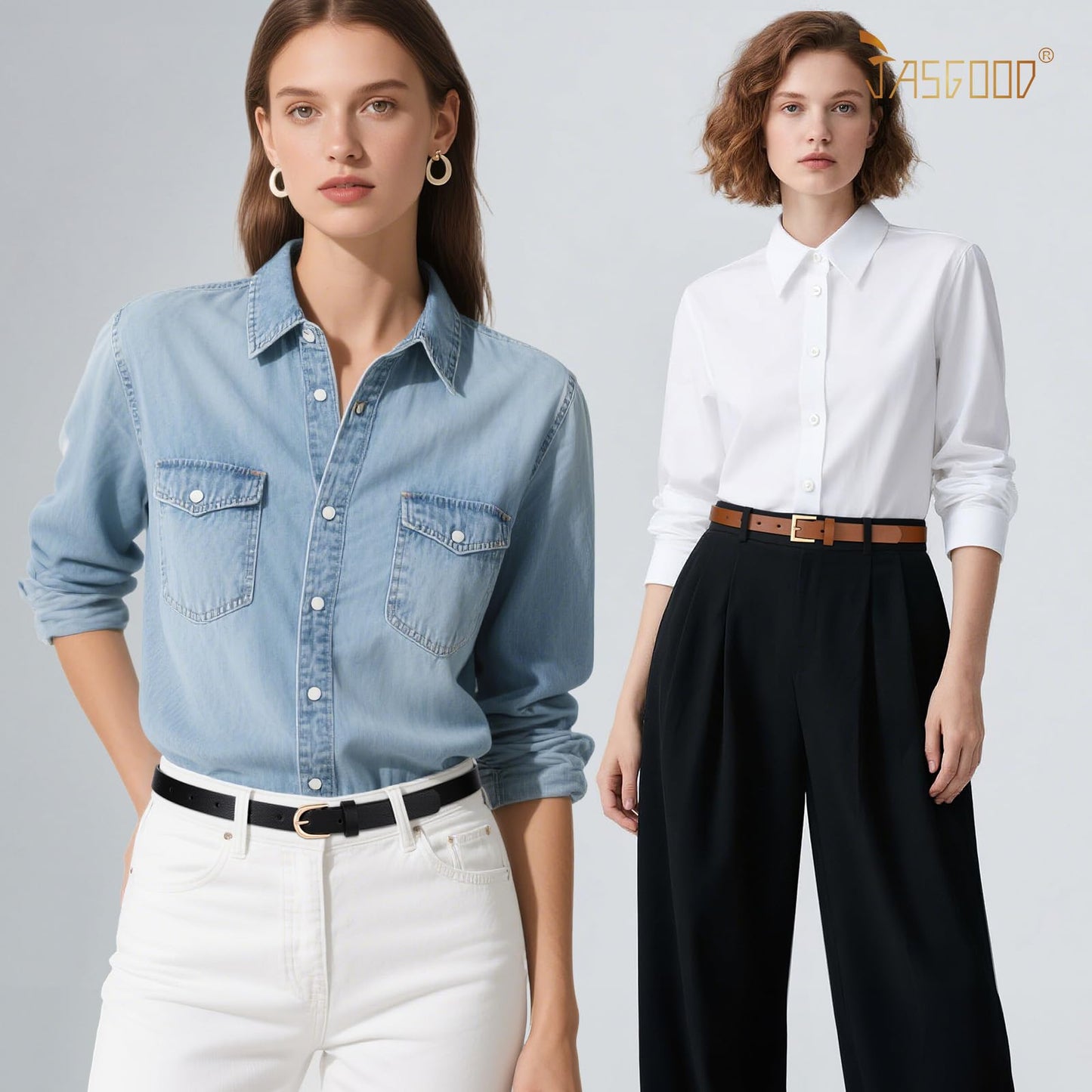 JASGOOD 4 Pack Women Skinny Leather Belt for Dresses with Gold Buckle Ladies Thin Waist Belt for Jeans Pants,Black+Brown+White+Coffee