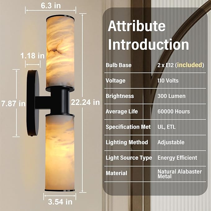 22.2" Alabaster Wall Sconce Set of 2, Black Bathroom Wall Sconce, Spanish Natural Marble Sconces Modern Wall Lights Lamps for Bedroom Living Room Stairs Indoor Hallway Vanity, Black