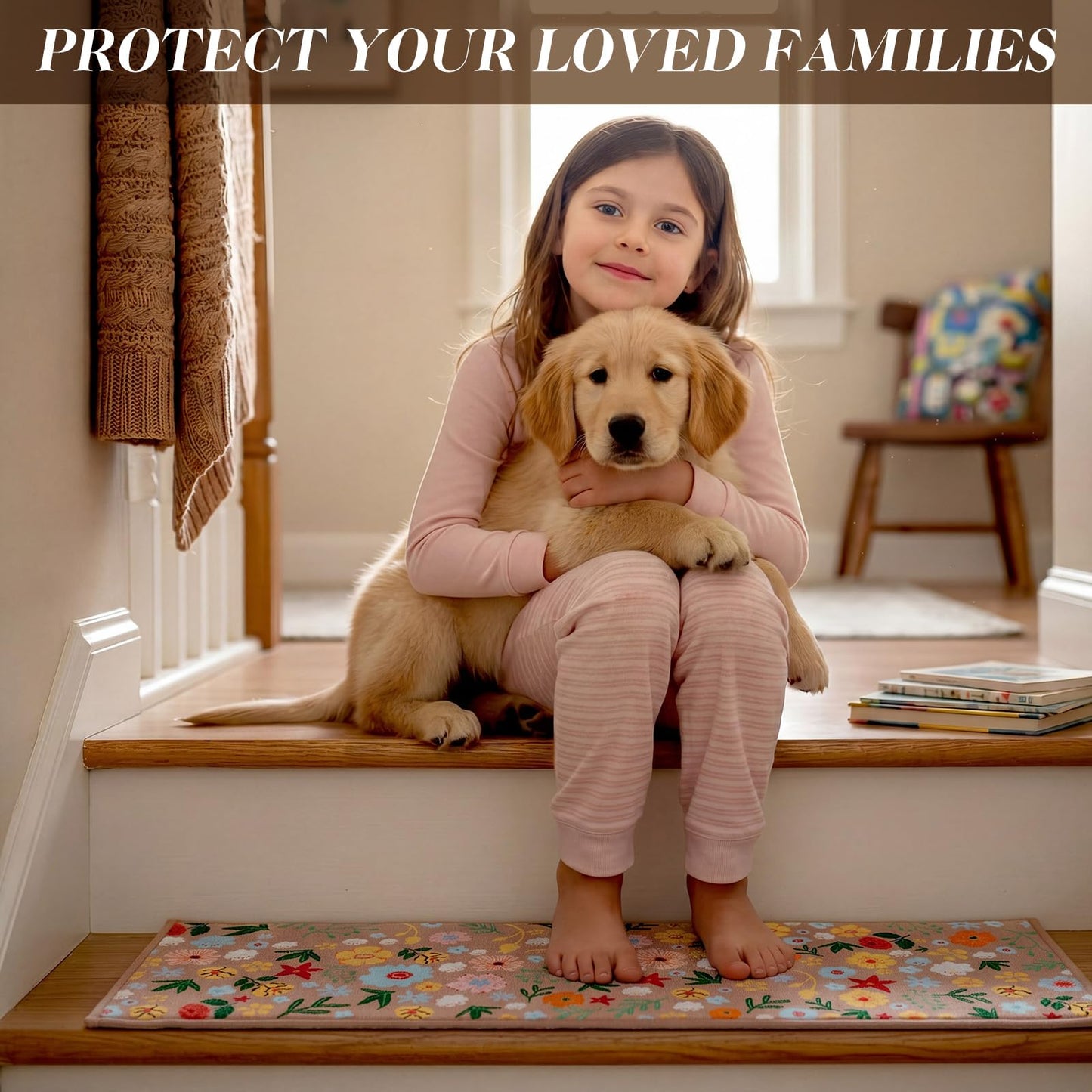 Dunzy 4 Pcs Floral Linen Stair Treads for Wooden Steps Indoor 9 x 28 Inch Non Slip Stair Runner Rugs Reusable Safety Mat with TPE Adhesive Backing, Staircase Step Treads for Kids, Elders and Dogs