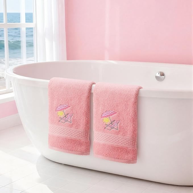 2 Pcs Beach Chair Hand Towels Pink Bathroom Decor 14x29 Inch Embroidered 100%